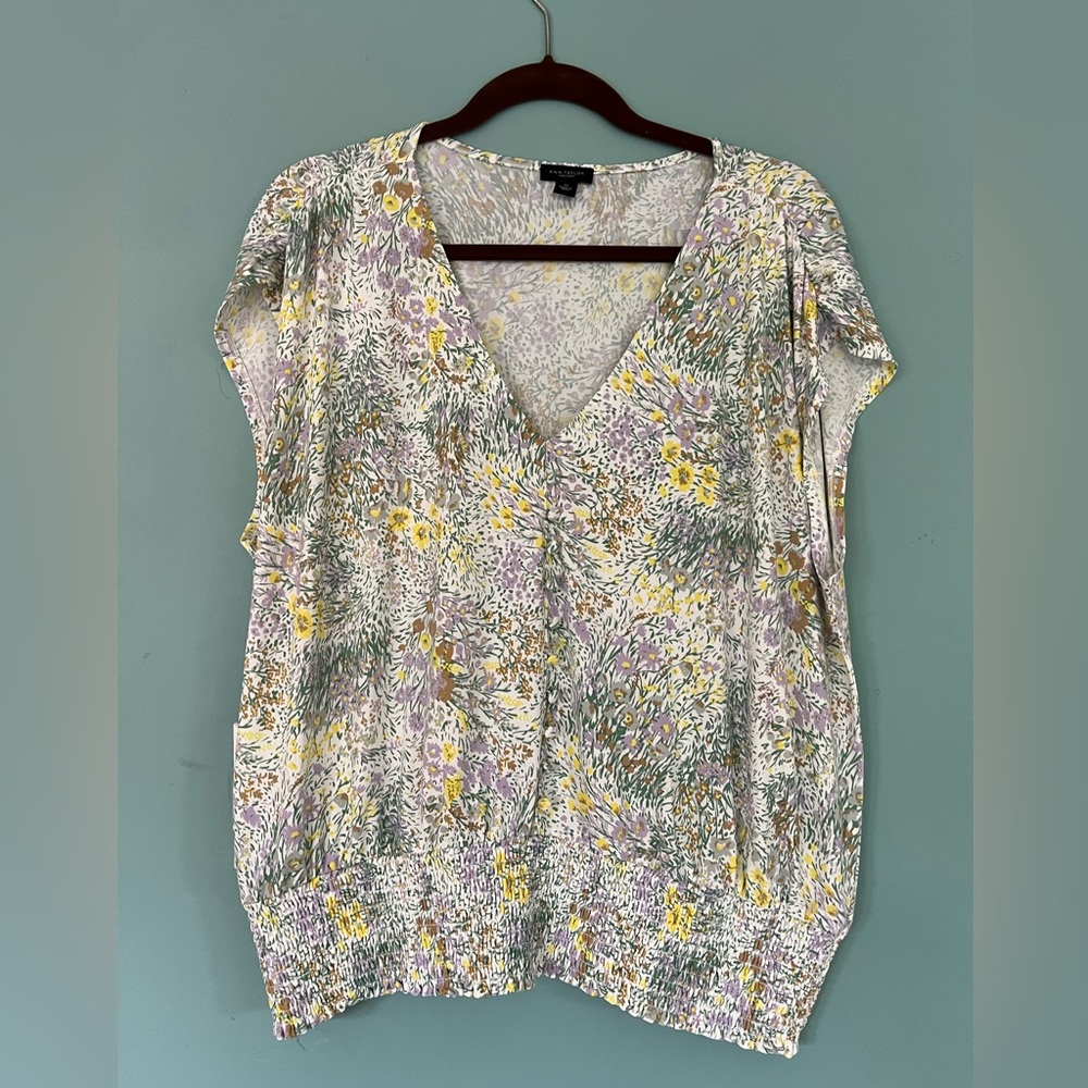 Ann Taylor Floral Smocked Hem V Neck with Buttons